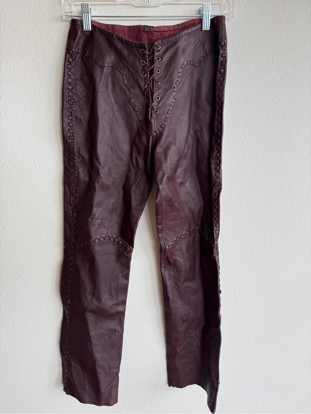 Vintage Efrem Oxblood Leather Lace-Up Whipstitch Pants Size 6